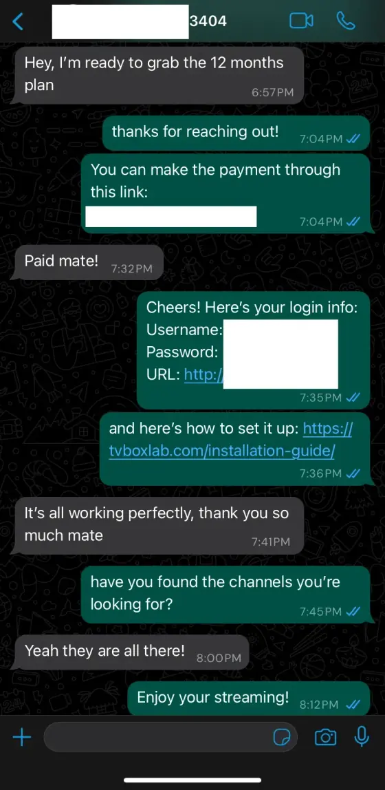 Customer WhatsApp feedback screenshot about their IPTV UK subscription with GoLiveStream