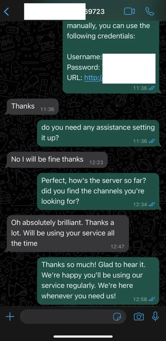 Customer proof screenshot showing a positive IPTV UK subscription experience with GoLiveStream